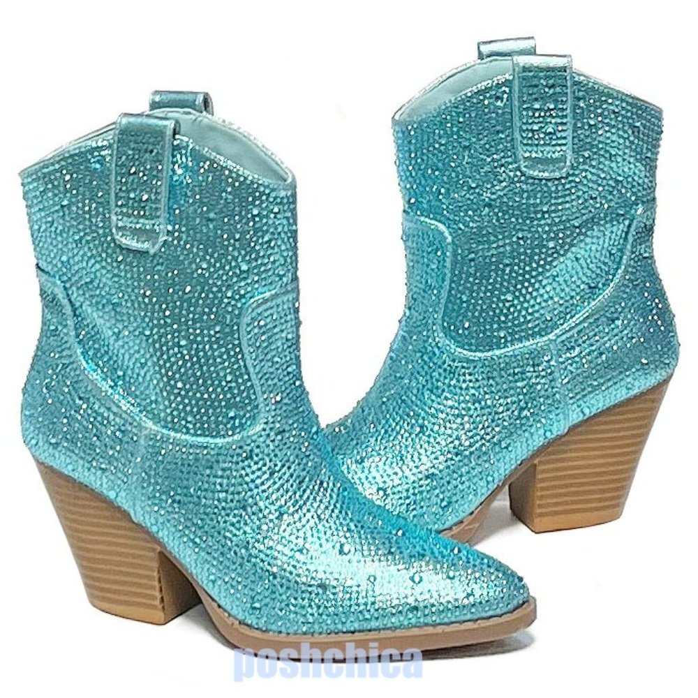 New Light Blue Rhinestone Blingy Western Cowboy Ankle Boots Booties - Picture 3 of 7